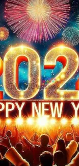 2024 New Year wallpaper with fireworks and crowd.