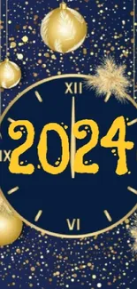 2024 New Year wallpaper with clock and golden decorations on dark blue background.