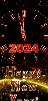 2024 New Year countdown clock wallpaper with Roman numerals and glowing lights.