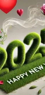 Happy New Year 2025 with roses and green text.