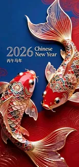 Ornate koi fish for 2026 Chinese New Year on a red and blue background.