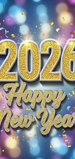 2026 Happy New Year wallpaper with glitter and confetti.