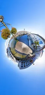 360-degree urban street view against a vivid blue sky forming a tiny planet shape.