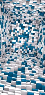 3D abstract cube tunnel with blue and white blocks.