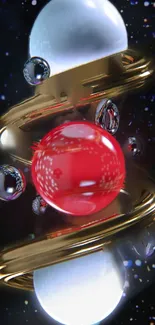 3D abstract wallpaper with space orbs and golden rings.