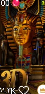 3D Egyptian pharaoh statue with gold and blue accents.