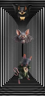 3D cartoon bat and rat in optical illusion art.