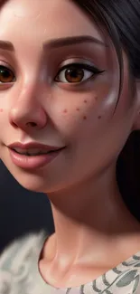 3D animated portrait of a young girl with freckles and expressive eyes.