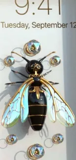 3D bee design on mobile screen with elegant gold frame.