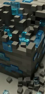 3D pixelated block with a pickaxe, blue gems, and scattered stones.