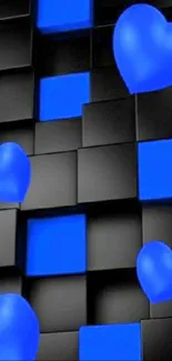 3D wallpaper with blue hearts on a black checkered background.