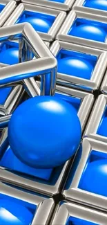 3D wallpaper featuring blue spheres and metal cubes.