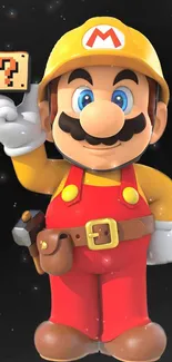 3D character in red overalls and yellow helmet on dark background.