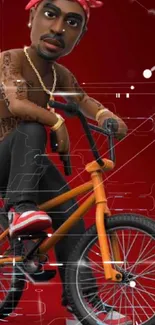 3D character on bike with red background wallpaper.