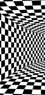 3D black and white checkered tunnel wallpaper.