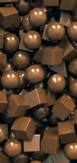 3D chocolate blocks and spheres on wallpaper.
