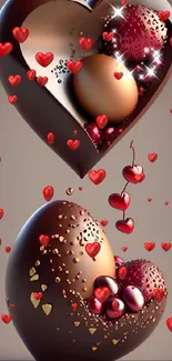 3D chocolate heart with strawberries and cherries in a luxurious design.