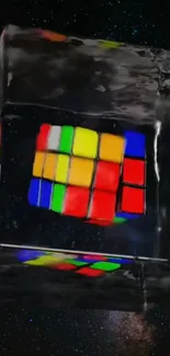 Colorful 3D cube in space-themed wallpaper.