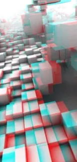 3D abstract cubes with red and cyan hues creating a geometric pattern.