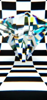 3D diamond against a checkered background on mobile wallpaper.