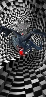 3D dragon in a checkered tunnel artwork wallpaper.