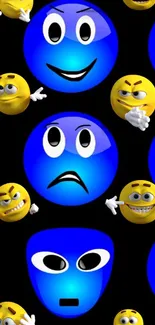 3D blue and yellow emoji faces on black background