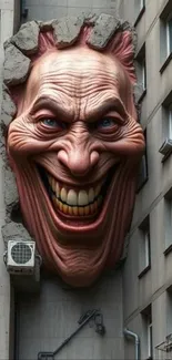 Giant 3D face sculpture emerges from a building wall.