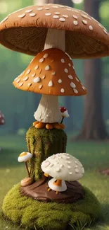 3D mushrooms in a whimsical forest setting with mossy ground.