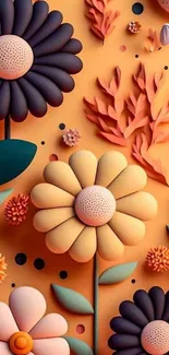 3D floral wallpaper with vibrant orange and purple flowers in a paper-cut style.