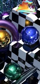 3D geometric abstract wallpaper with colorful spheres and checkered patterns.