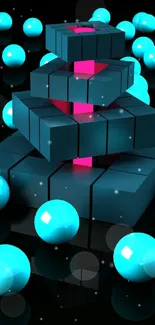 3D geometric wallpaper with blue spheres and a central cube stack glowing pink.