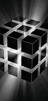 3D geometric black cubes with radiant effect.