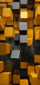 3D geometric block art in yellow and gray tones.