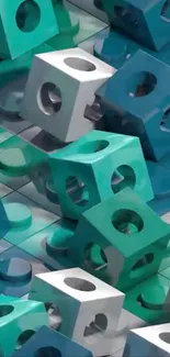 3D geometric block pattern in teal and gray.