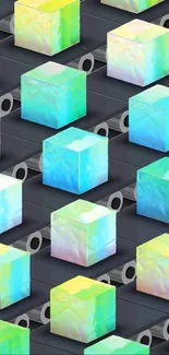 Colorful 3D cubes on a geometric wallpaper background.