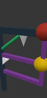 3D geometric shapes with red and yellow spheres on gray background.