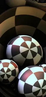 3D geometric spheres with checkered pattern.