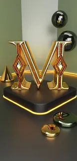 3D golden letter M with geometric shapes.