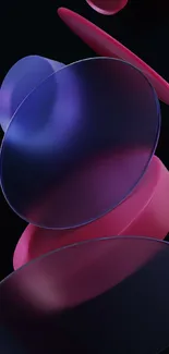 3D abstract shapes with a blue and pink gradient on a dark background.