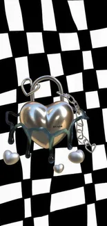 3D metallic heart lock on checkered background.