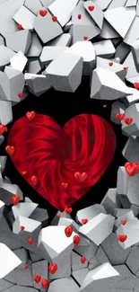 3D red heart emerging through cracked stone on mobile wallpaper.