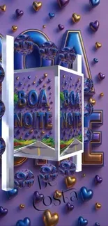3D hearts and Boa Noite text on wallpaper