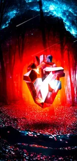 3D geometric heart glowing in a night forest with vibrant red and blue colors.