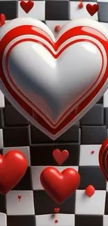 3D red and white heart pattern on a checkered background wallpaper.