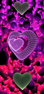 Neon 3D hearts with purple neon bubbles background.