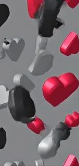 Abstract 3D heart shapes on gray background.