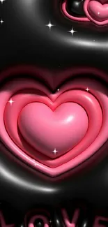 3D hearts on black background with the word love in pink.