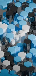 3D geometric hexagonal shapes in black, blue, and white tones.