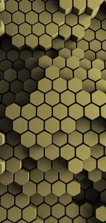 3D honeycomb pattern wallpaper with olive green hexagons.