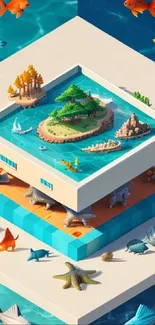 3D island with marine life in vibrant turquoise waters.